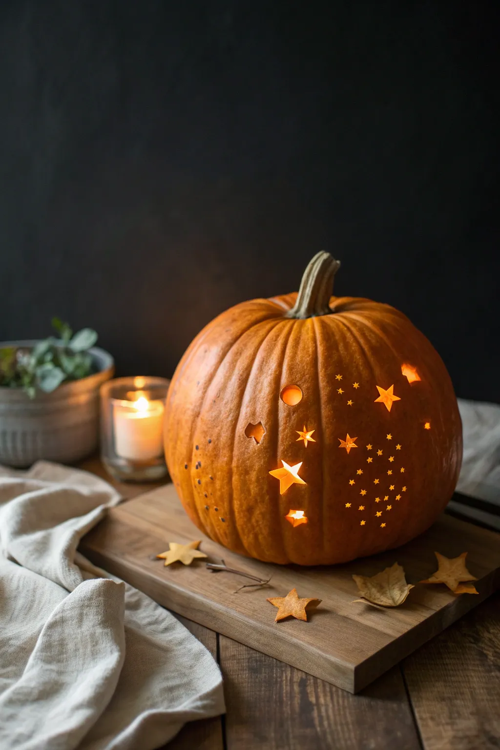 Starry-night pumpkin carving: tiny star cutouts and a bold constellation glow in the dark.