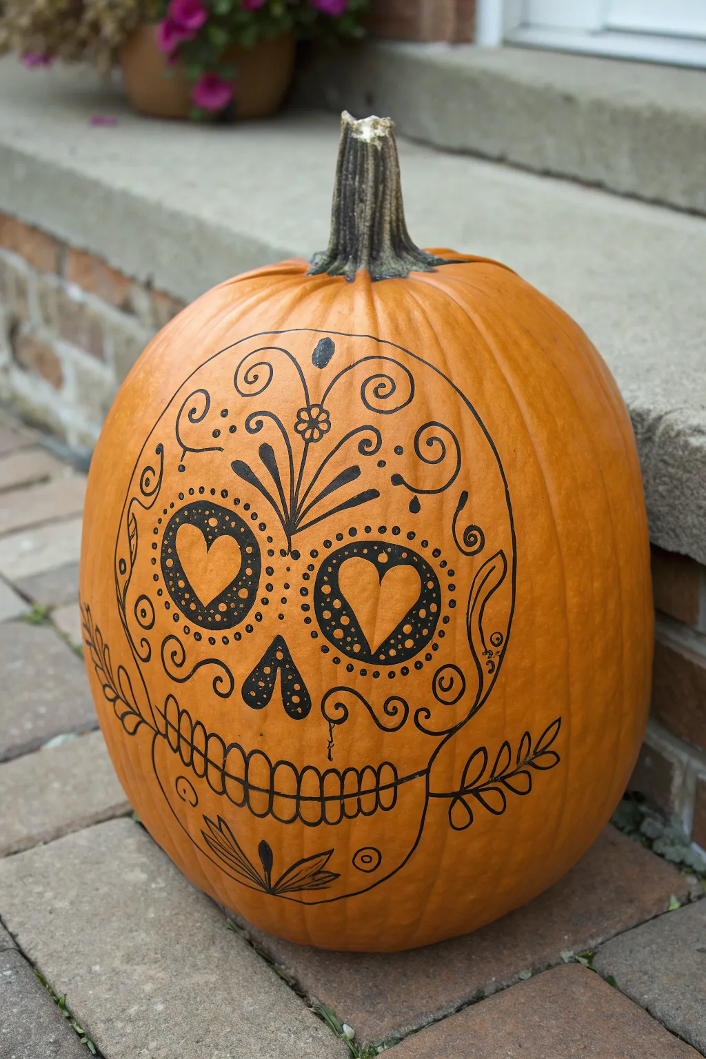 Sugar-skull pumpkin face with floral curls and bright accents, perfect for cozy fall drawing.
