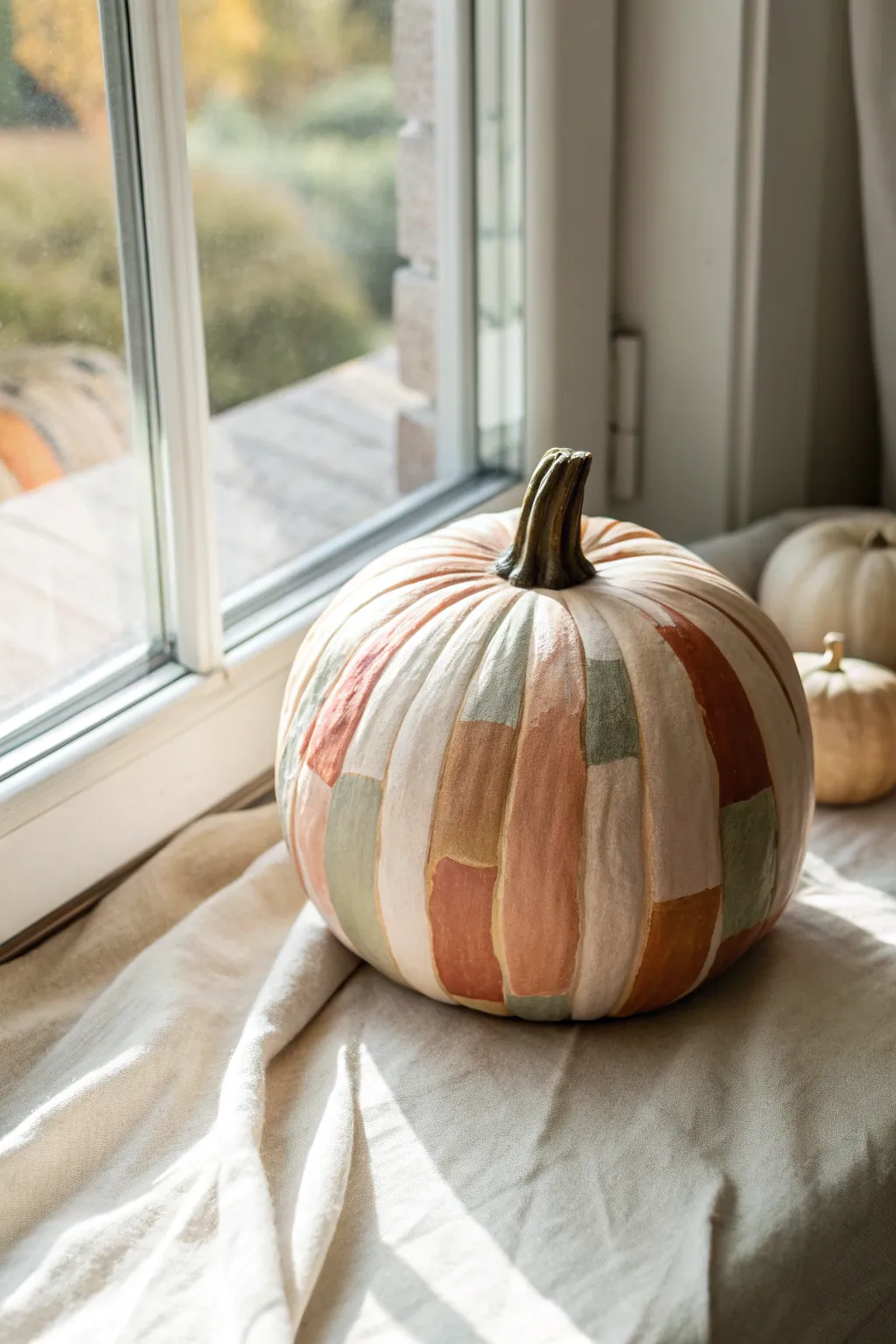 Abstract brushstroke patchwork pumpkin with rich texture in a minimalist Scandinavian palette