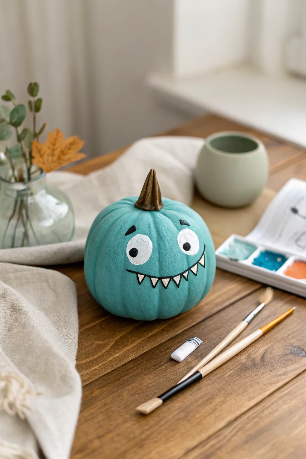Mini monster pumpkin in pastel paint, with stitched smile and tiny fangs on a cozy craft table