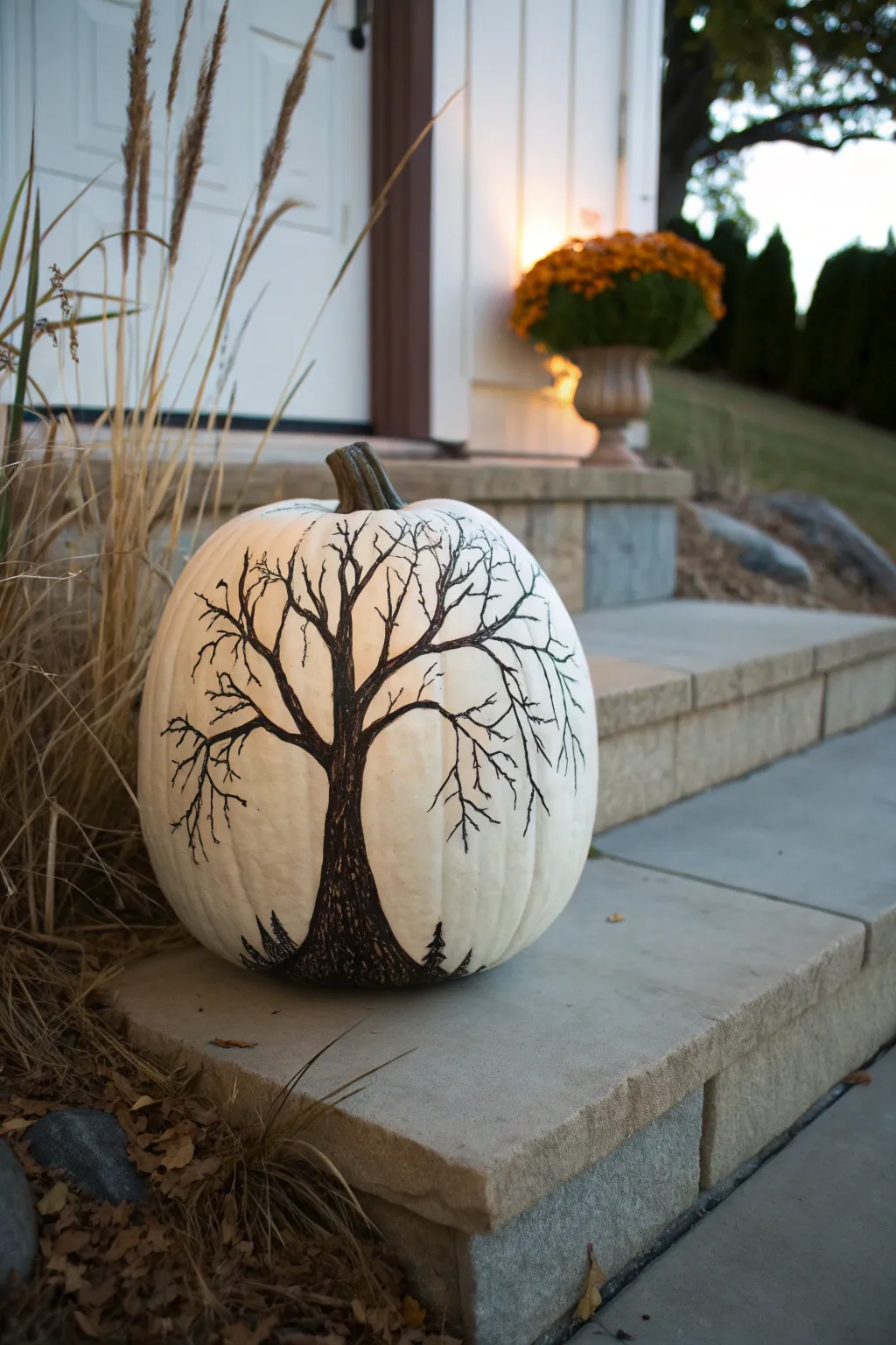 Pale pumpkin with intricate black tree silhouette for an elevated minimalist Halloween porch look