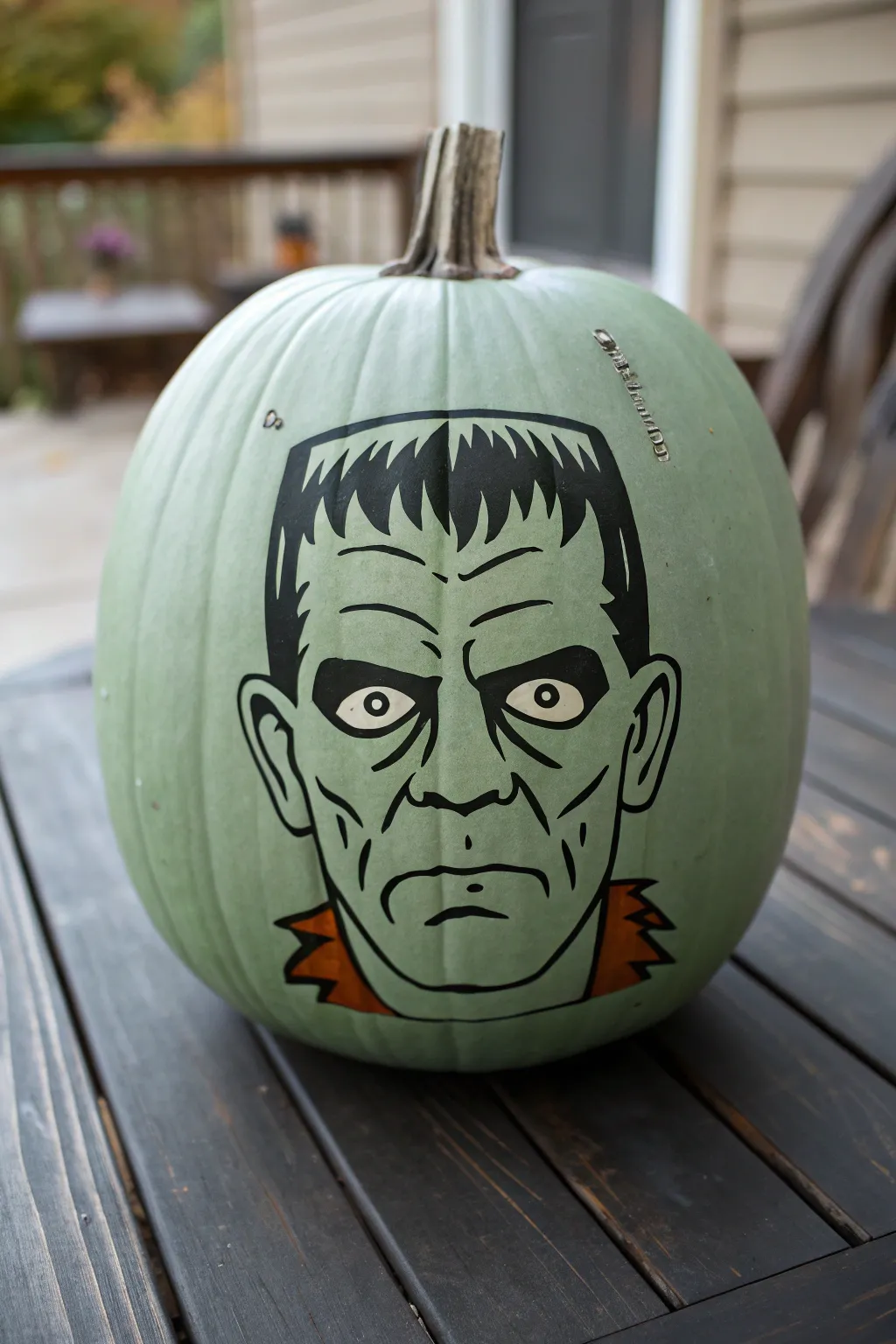 Minimal Frankenstein pumpkin in green-gray, bold brows and bolts, moody porch contrast.
