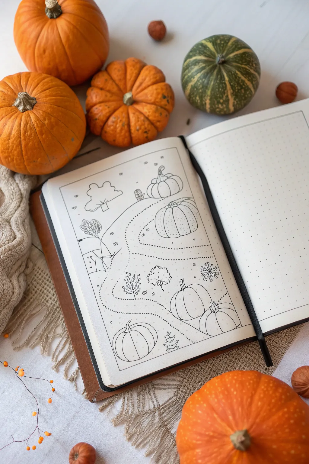 Birds eye pumpkin patch map sketch with winding paths and clustered pumpkins, clean and cozy