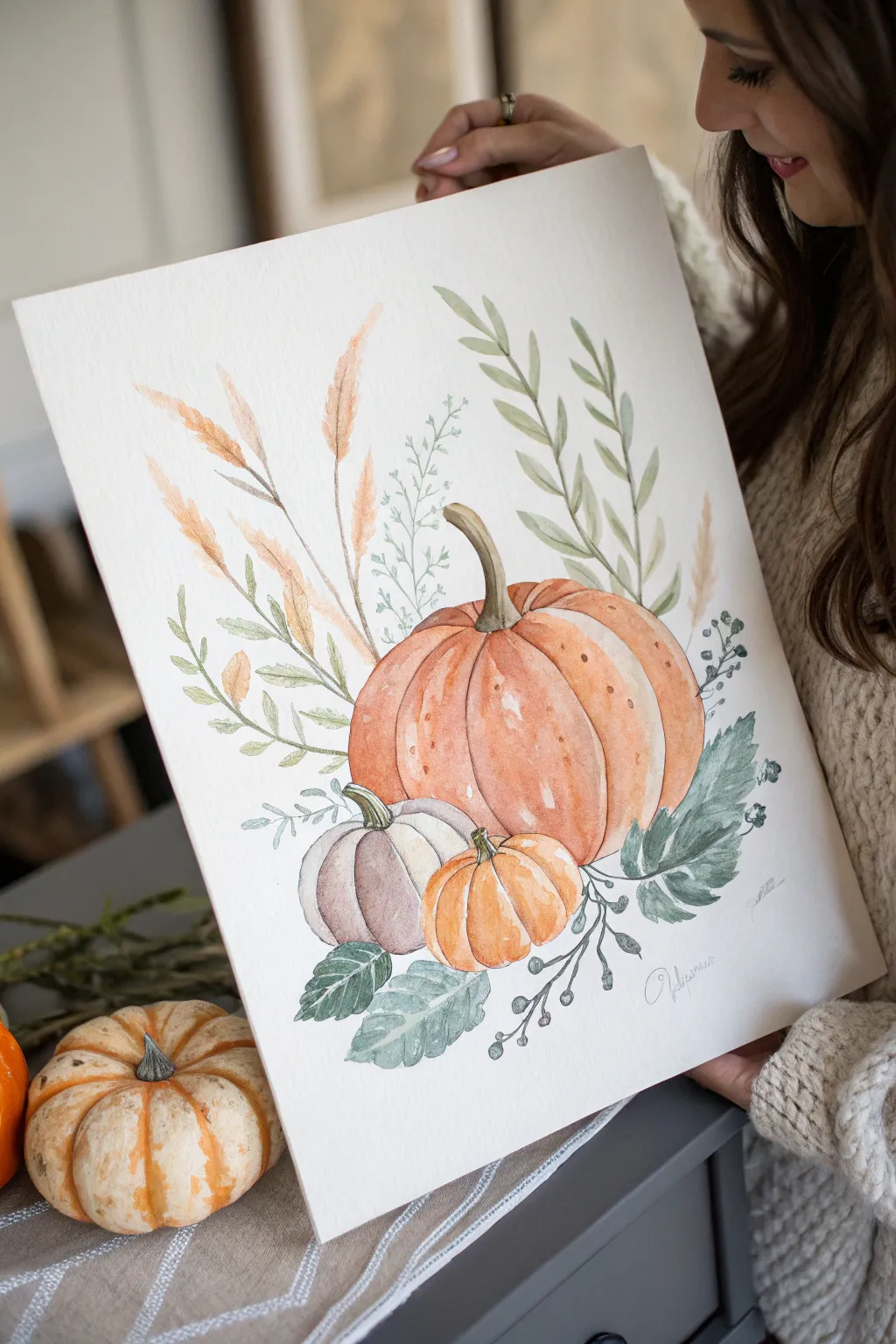 Loose watercolor pumpkin patch washes with soft bleeds, simple vines, and clean minimalist space