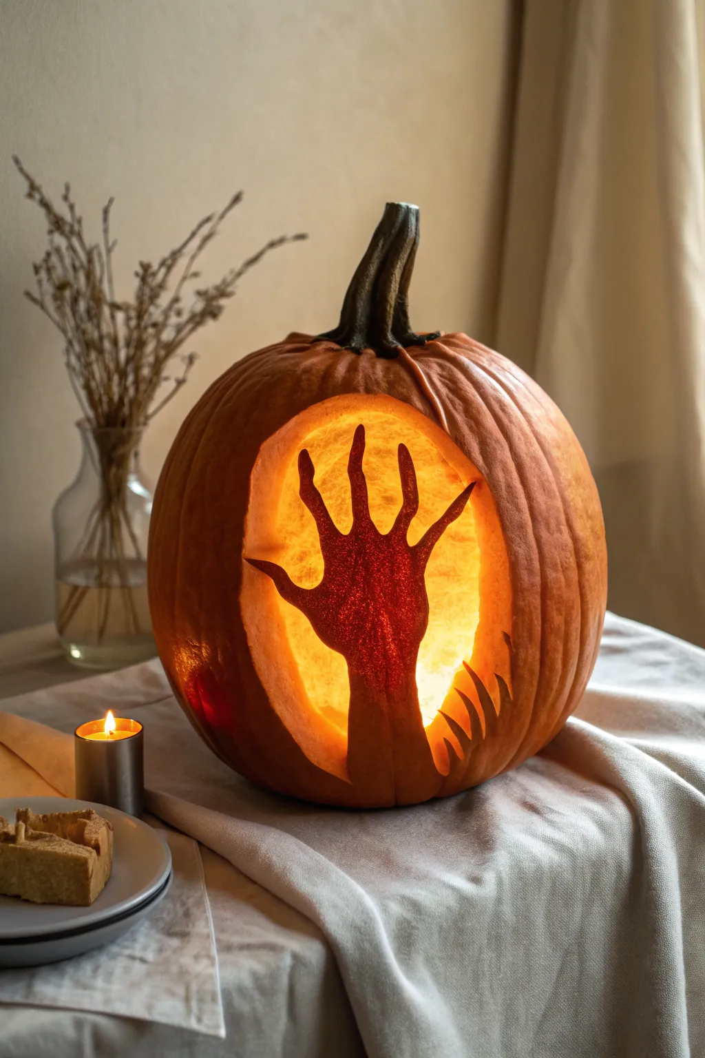 Spooky yet chic: a 3D pumpkin carving with a hand pushing outward, lit from below.