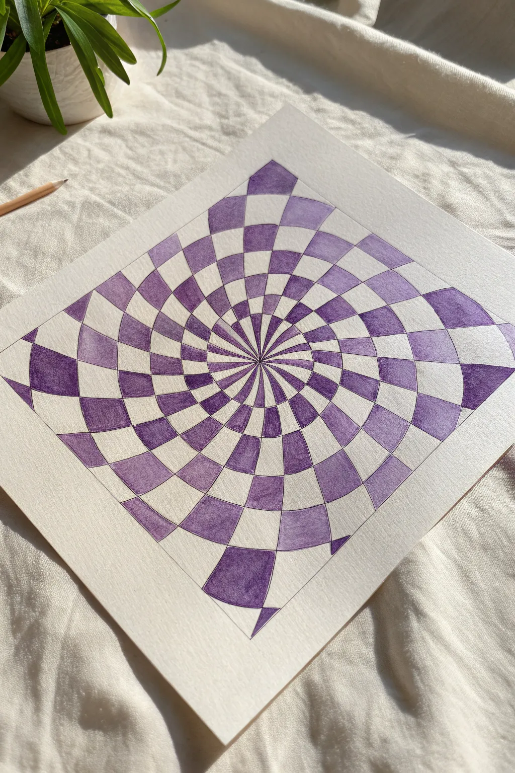 Warped purple checkerboard tunnel illusion in violet and lavender, minimalist and calming to draw.