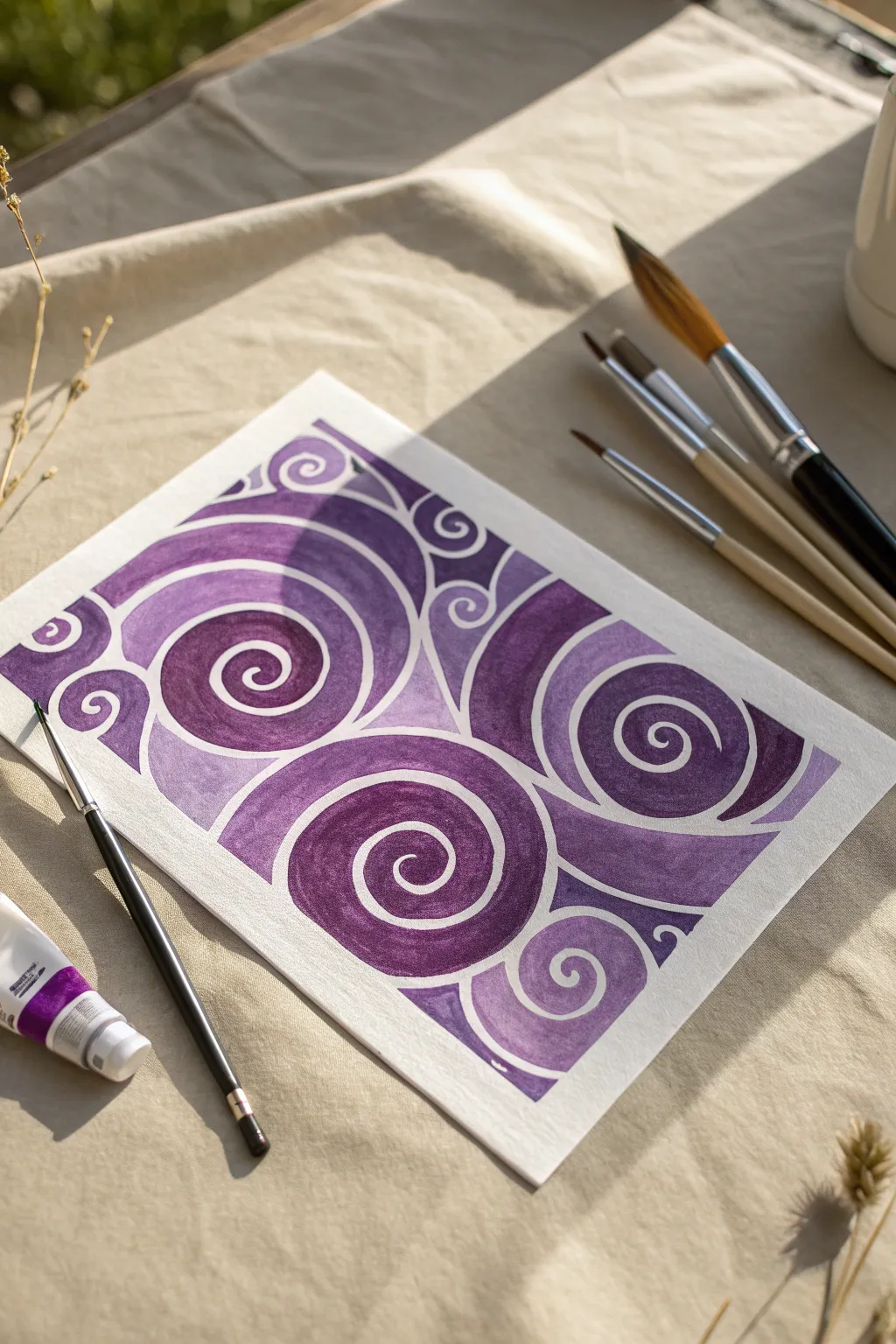 Easy purple abstract swirls in deep violet and lavender with crisp white contrast lines