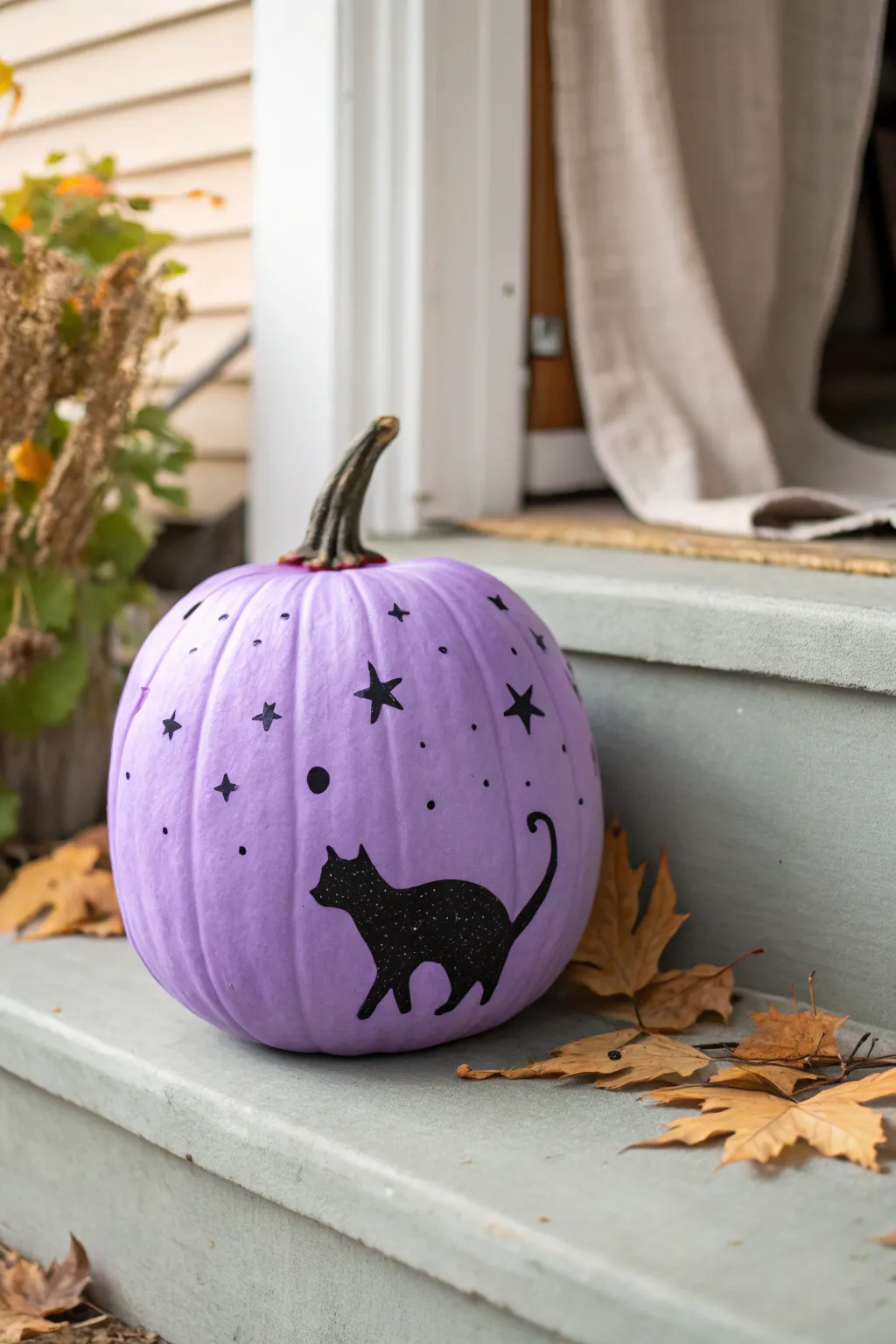 Minimalist purple pumpkin with a bold black cat silhouette and tiny stars for fall charm