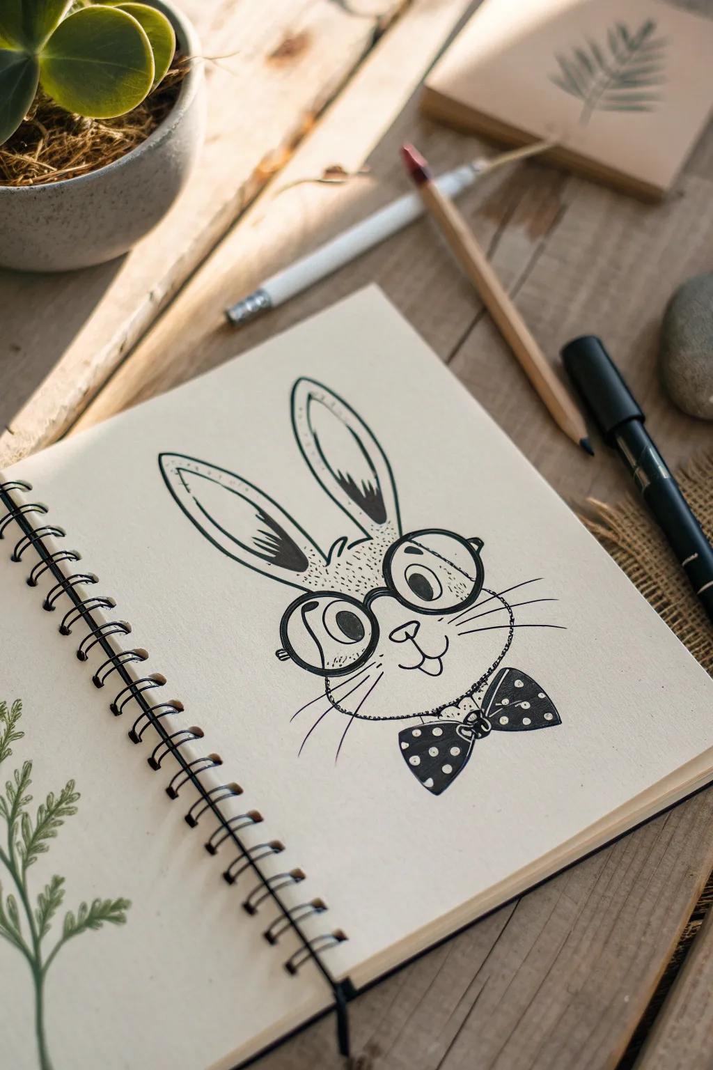 Sweet bunny portrait with oversized glasses and a tiny bow, perfect minimalist doodle practice