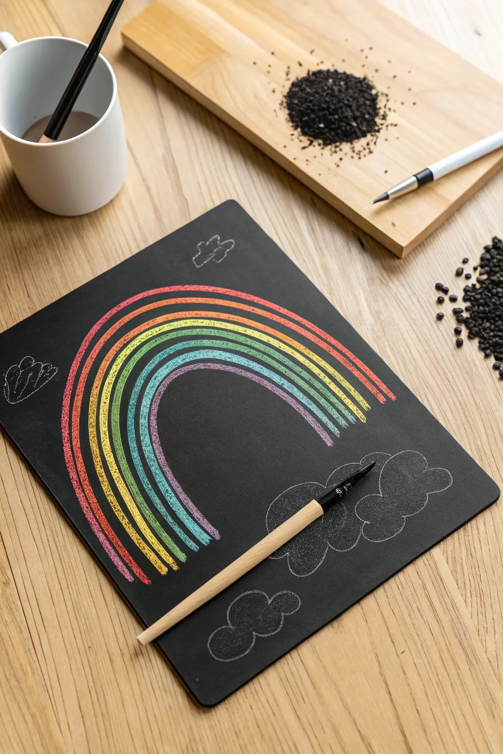 DIY rainbow scratch art with bold swirls on matte black, plus stylus and flakes for realism