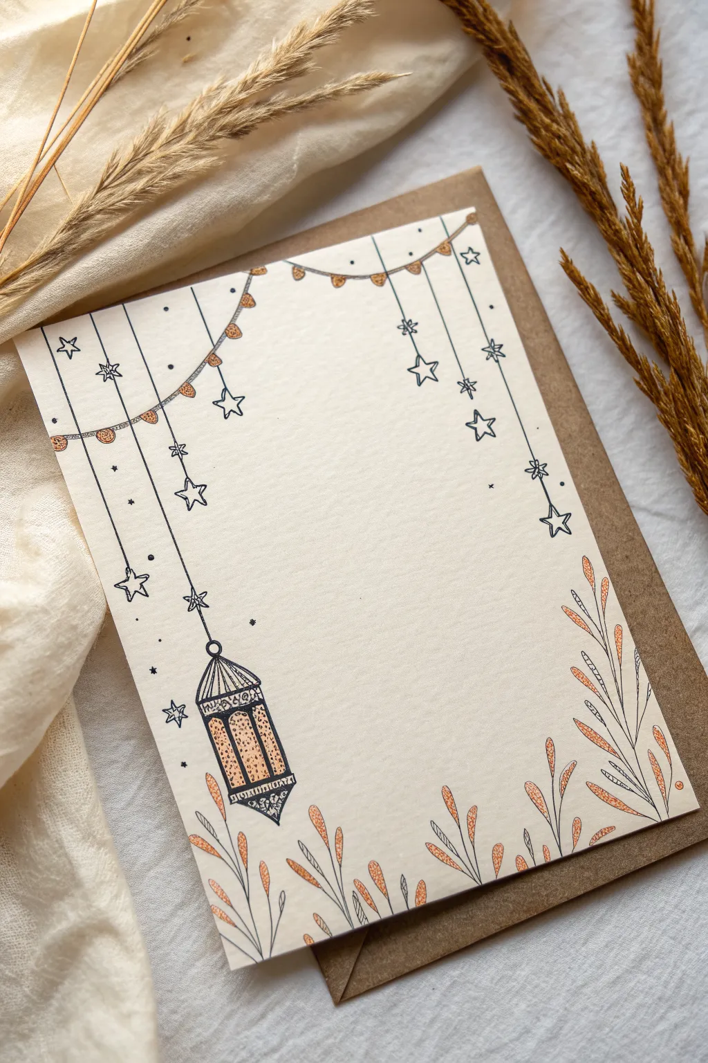 Minimal Ramadan card border with hanging stars and lanterns, blank center to personalize.