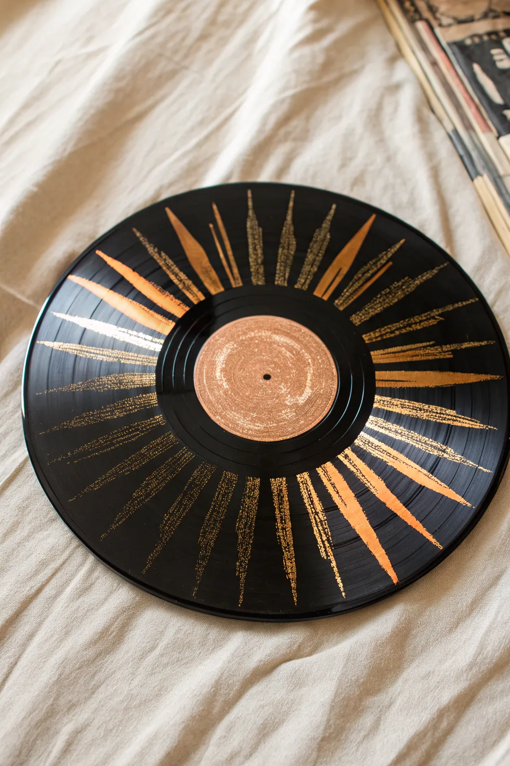 Bring warmth to your space with this metallic gold sunburst record painting idea.