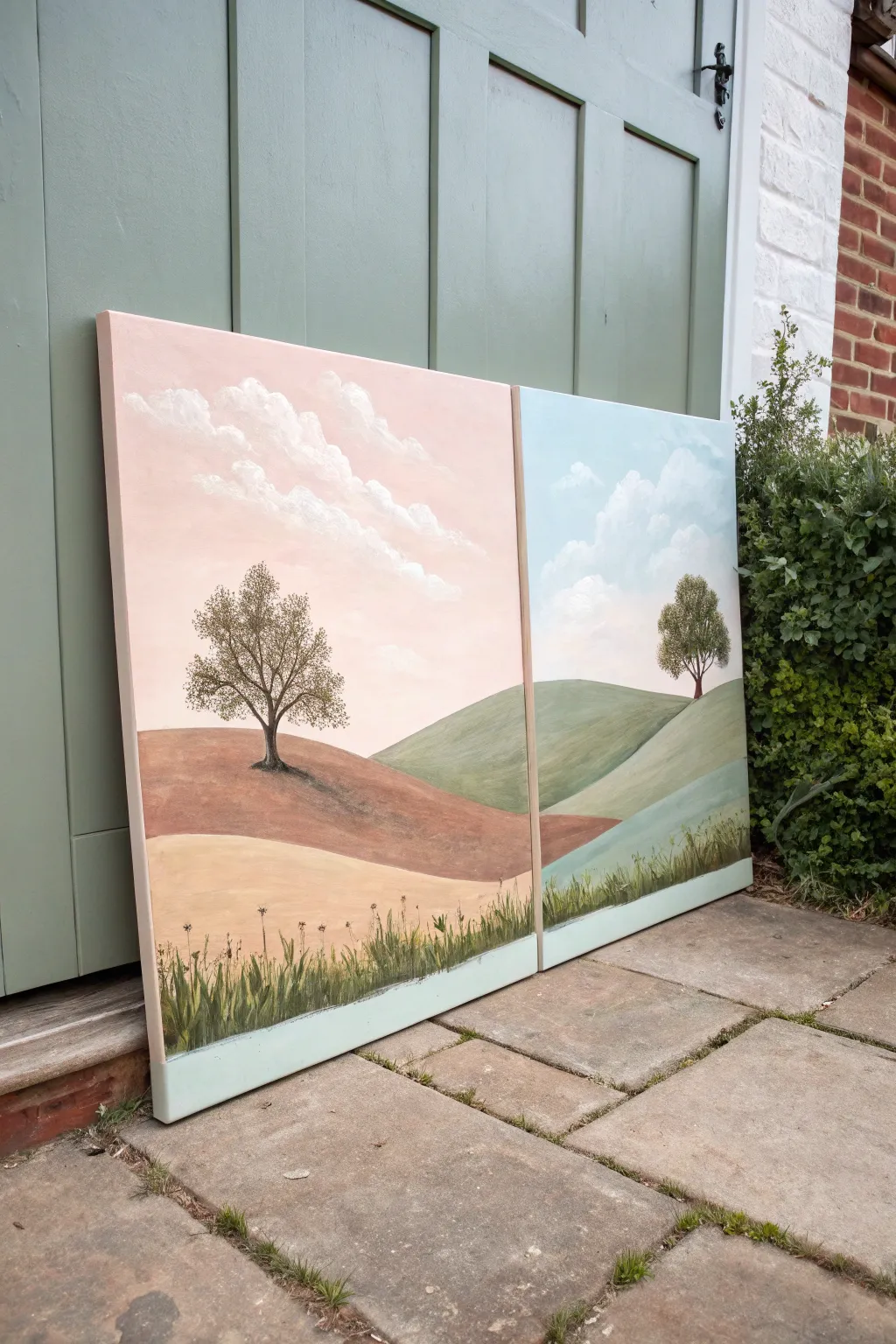 Split-season rectangle landscape: same scene, two palettes, spring softness meets autumn warmth.