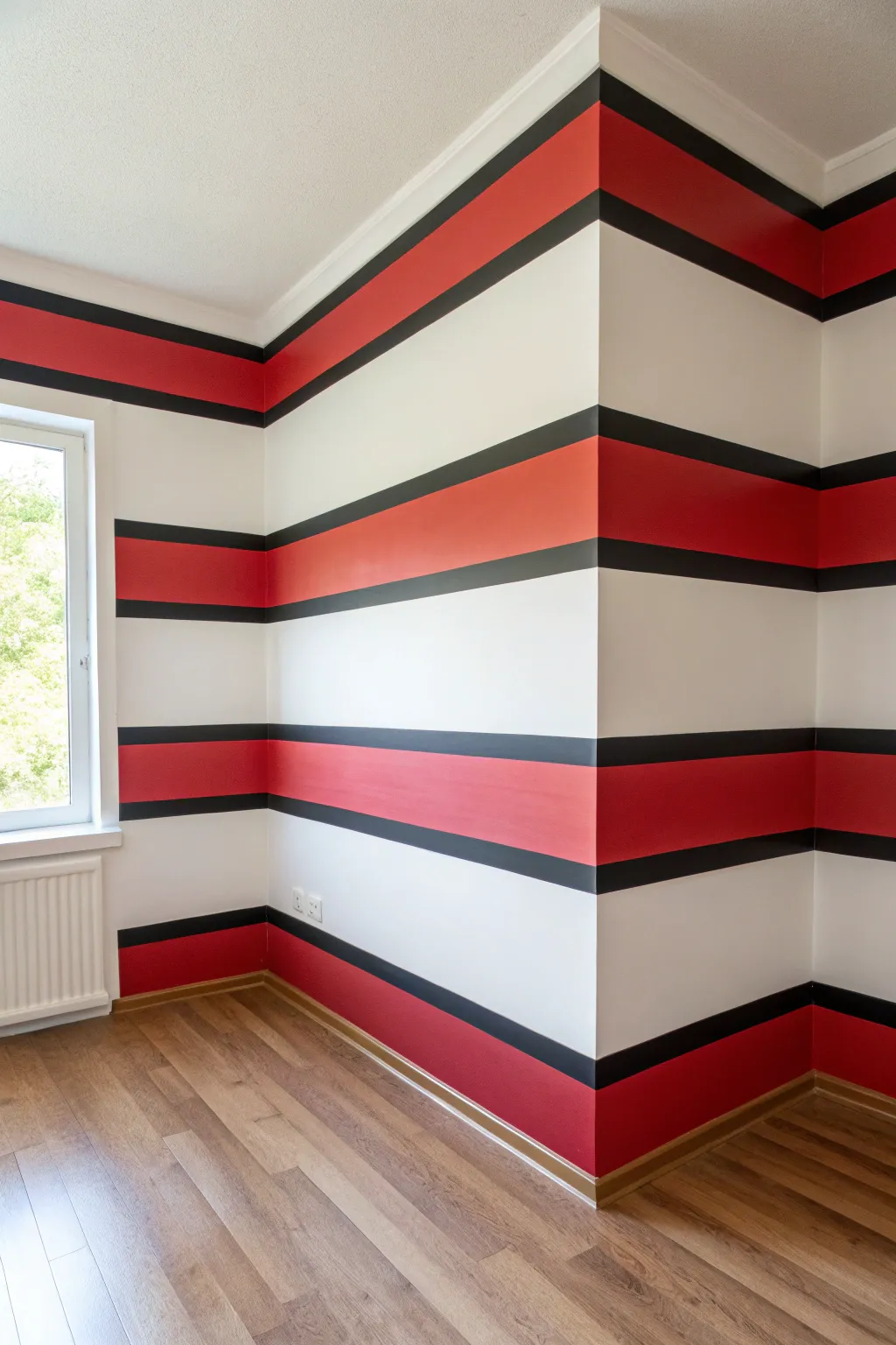 Wraparound red and black bands hug the corner for a bold, minimalist room moment.