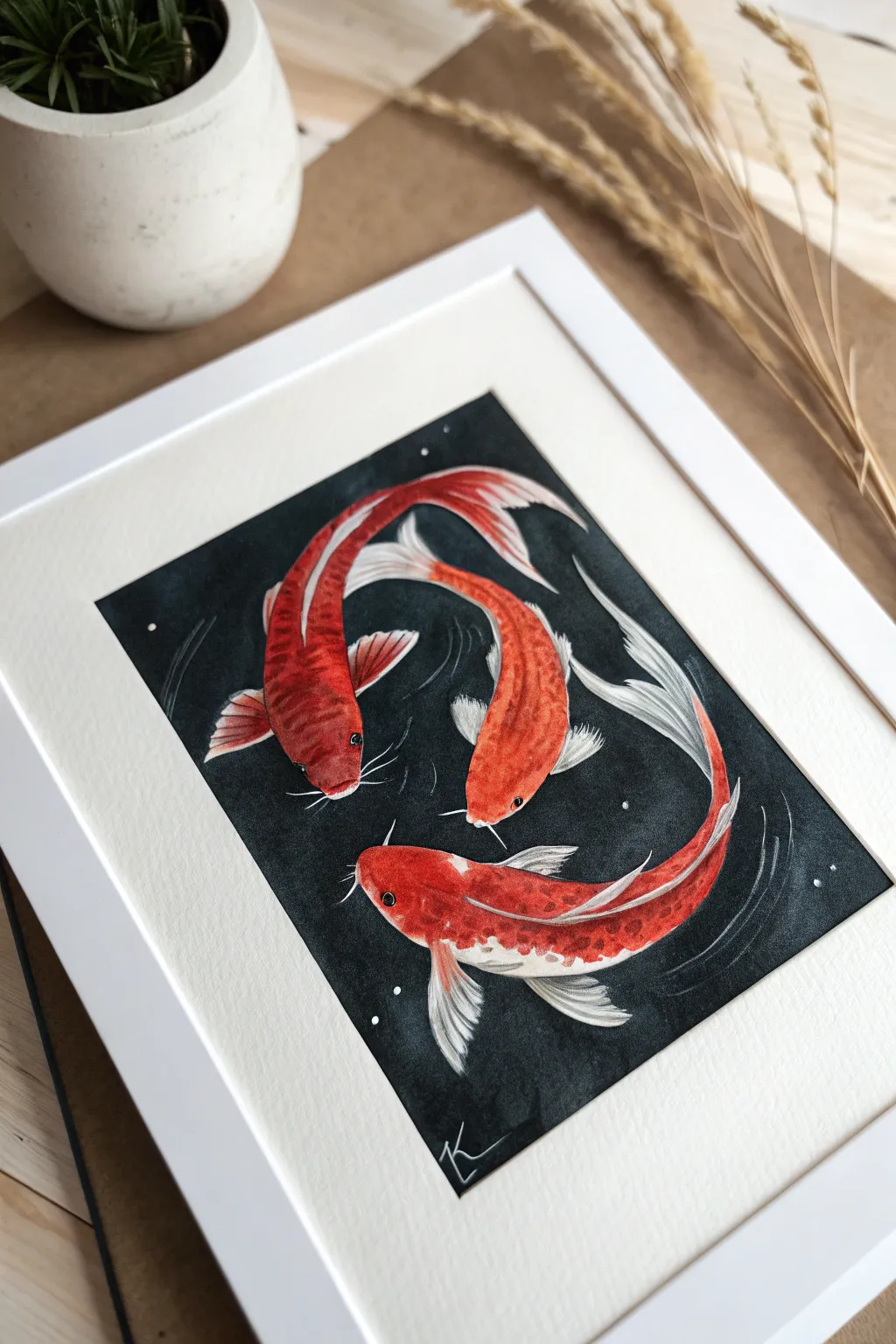 Crimson koi gliding through inky water, minimalist contrast with soft ripples and calm motion.