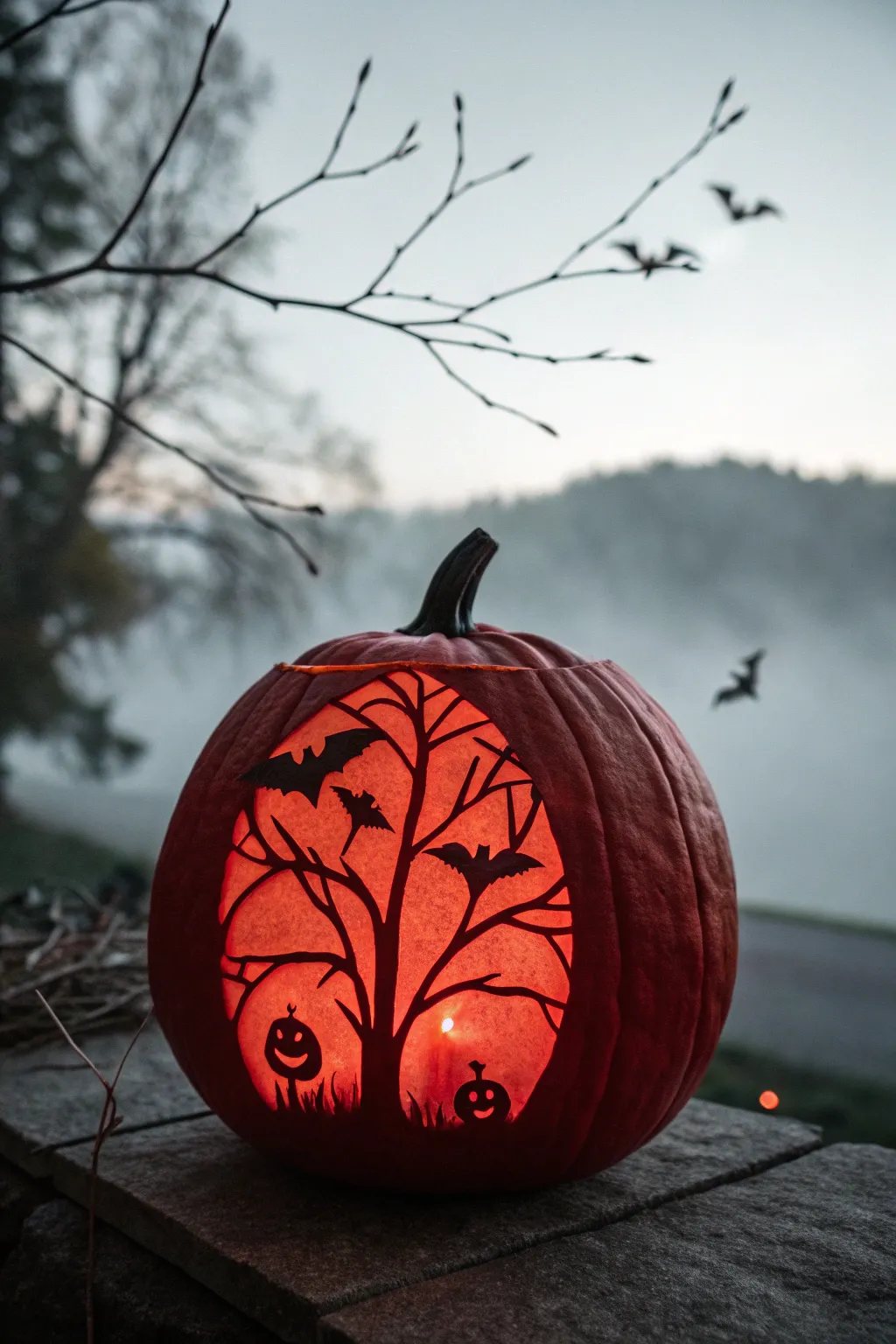 Minimal carved red pumpkin with glowing silhouette, moody mist, Scandinavian boho calm