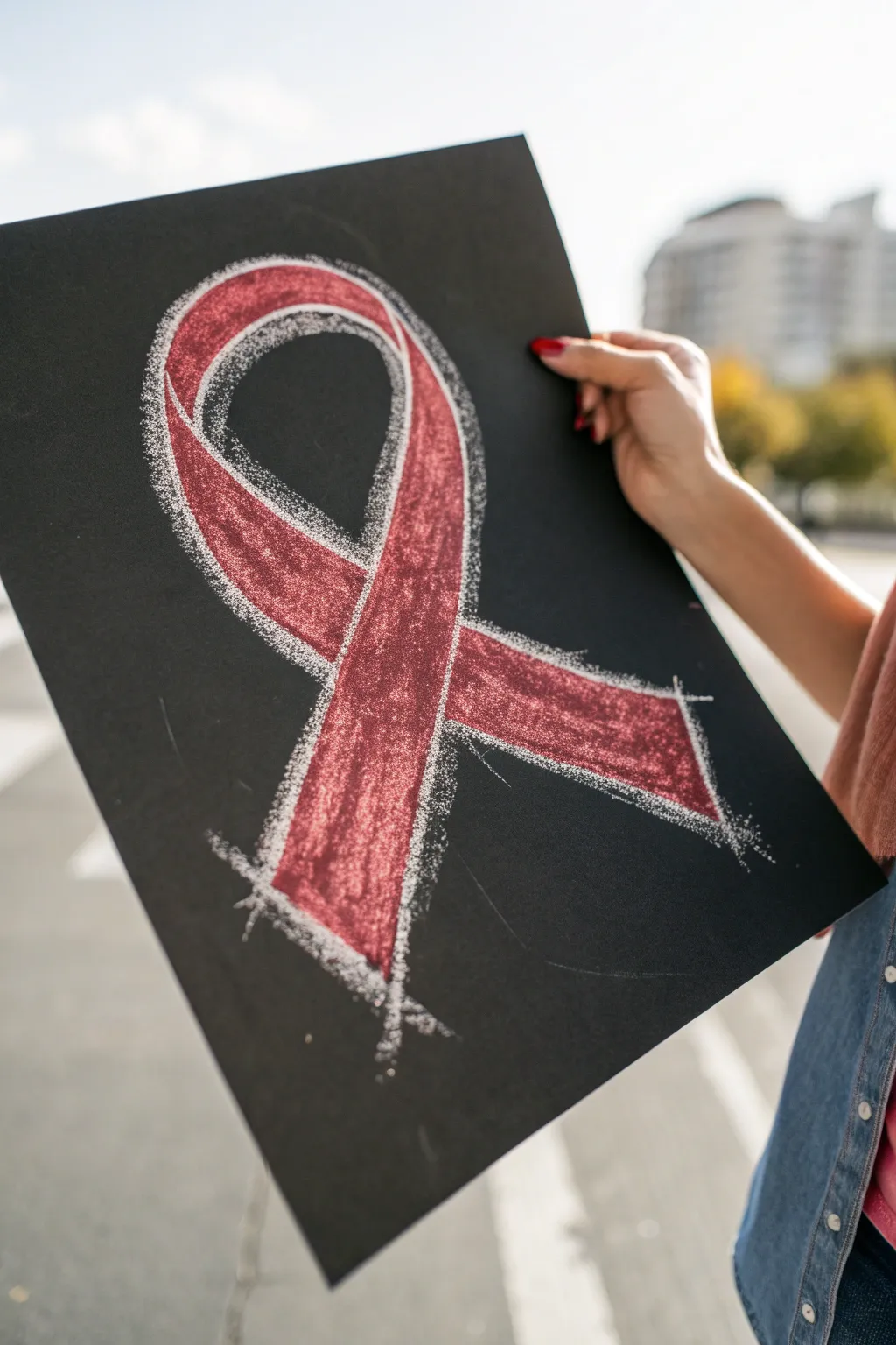 Chalkboard-style red ribbon on dark paper, minimalist contrast for Red Ribbon Week drawing.