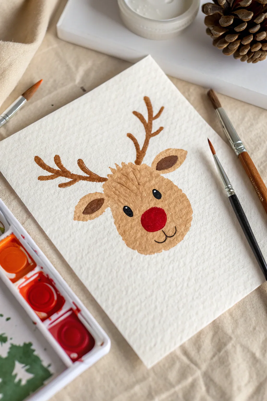 Fork-painted fuzzy reindeer with a bold red nose for an easy, cozy Scandinavian-style artwork.