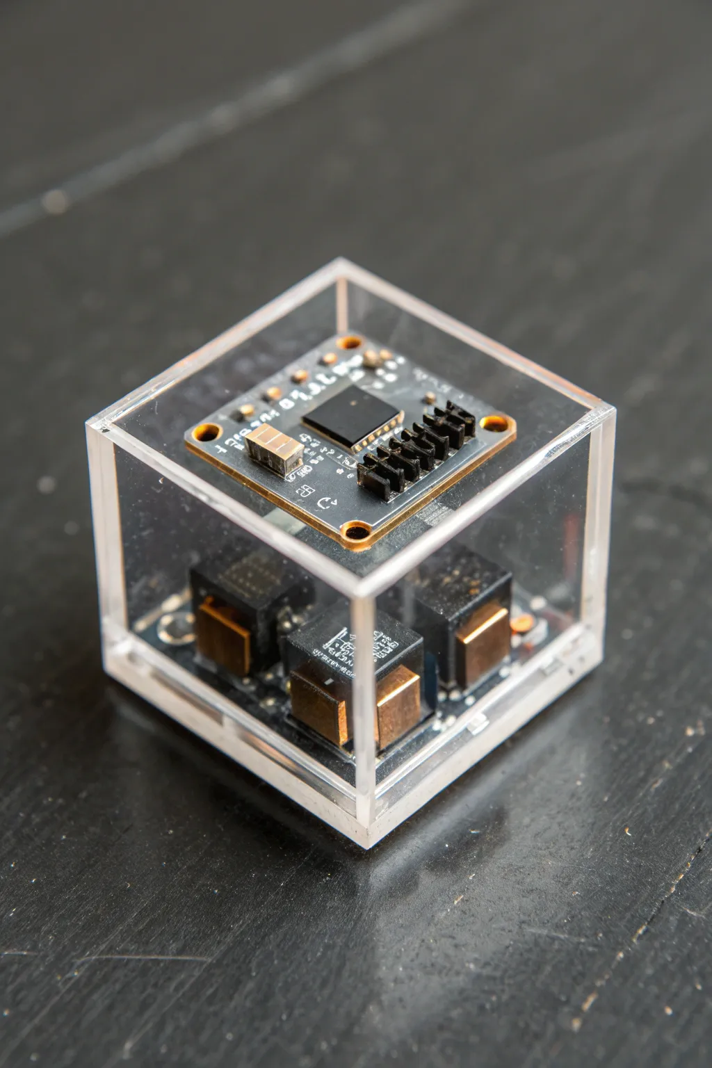 Clear resin cube with tiny circuit relics, minimalist Scandinavian mood with a boho edge.