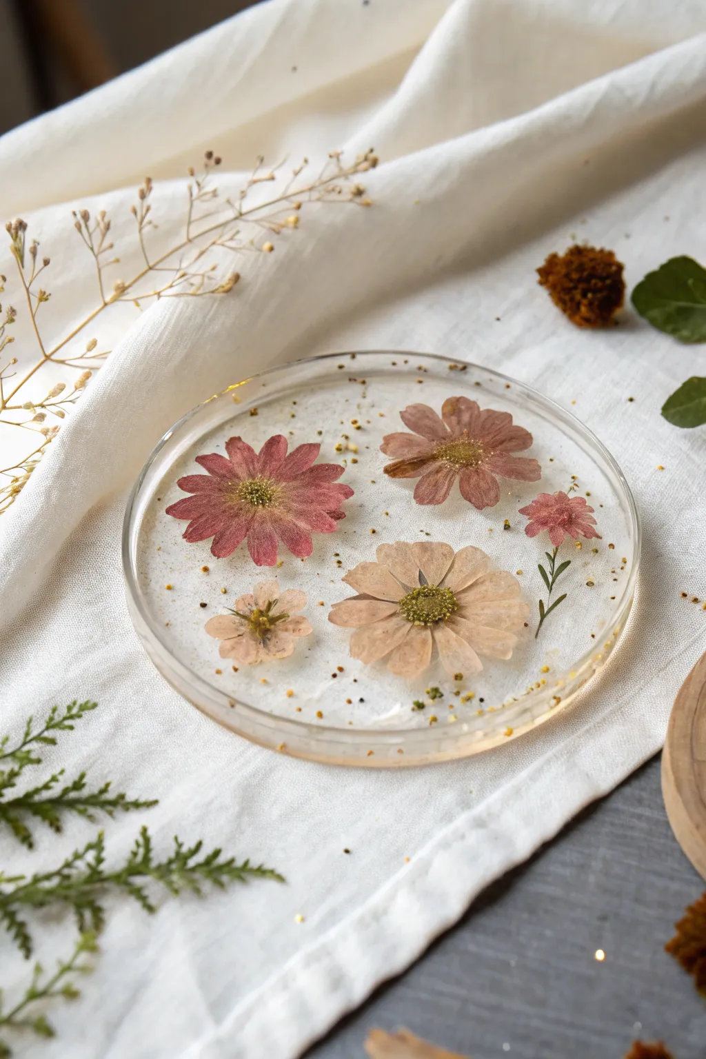Pressed petals in clear resin with delicate gold flakes for a minimalist boho coaster glow