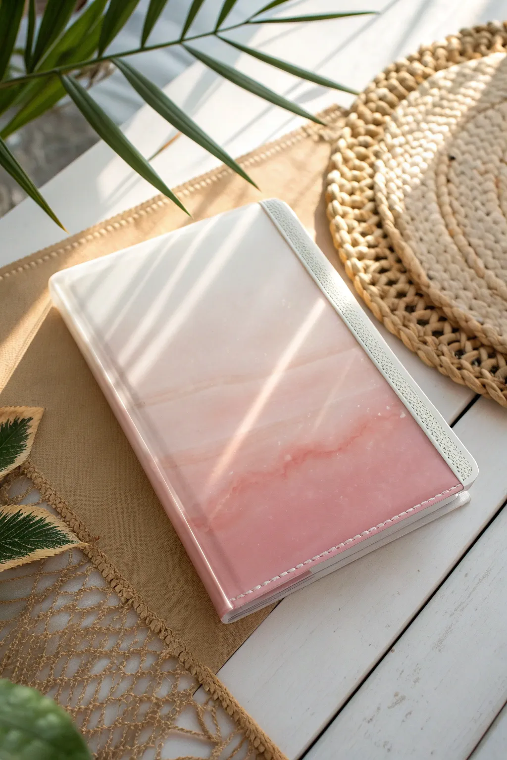 Clear-to-blush ombré resin notebook cover glowing in backlight, minimalist with boho warmth