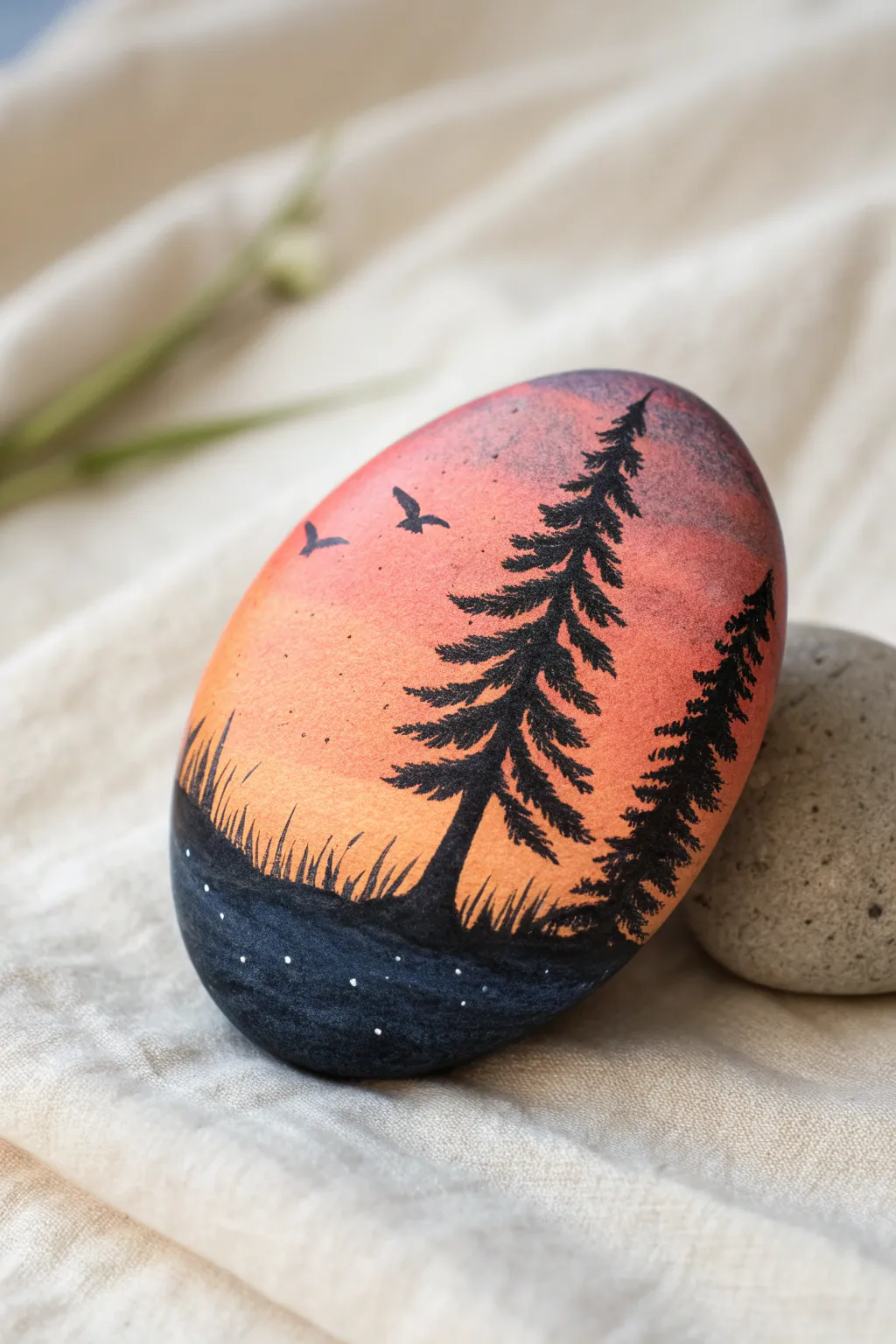 Sunset silhouette river rock: a simple boho-minimal painted stone with dramatic side light.