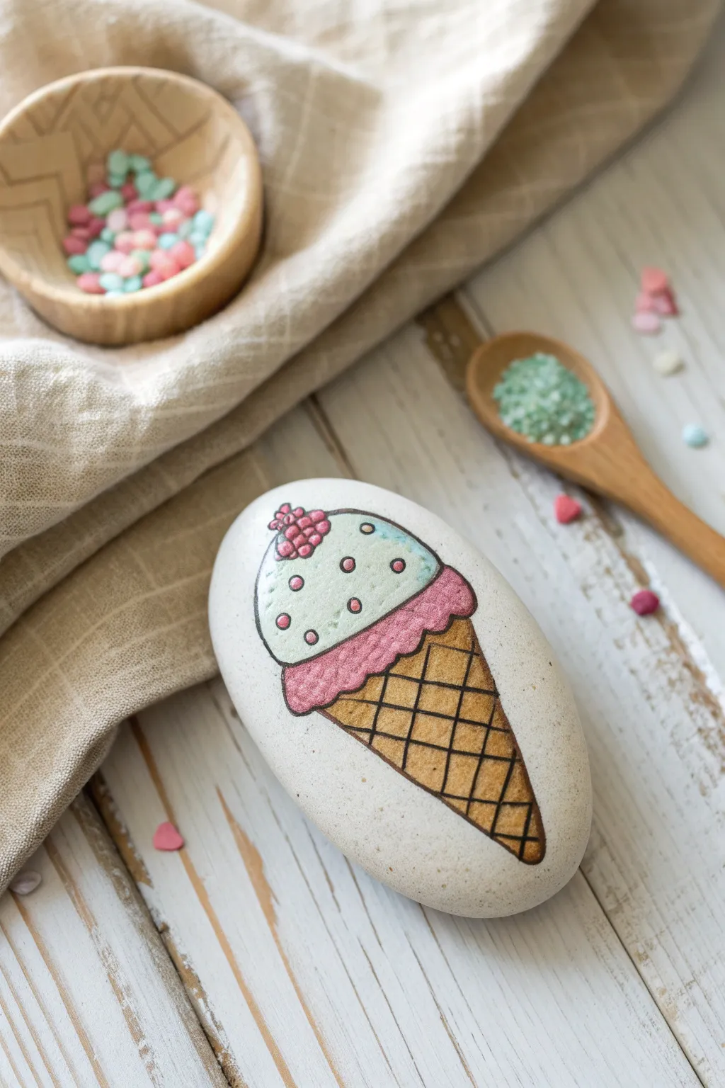 Ice cream treat rock idea with pastel sprinkles, a sweet kids craft they can play with after