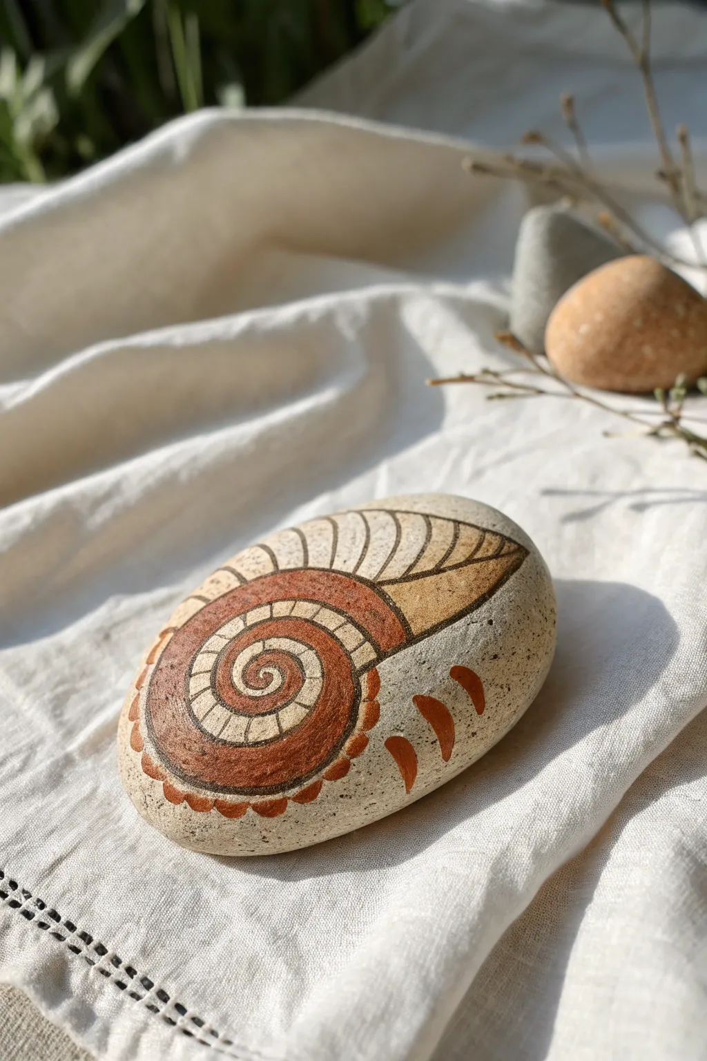 Minimalist snail rock painting that follows the stone shape, calm Scandinavian style with boho warmth