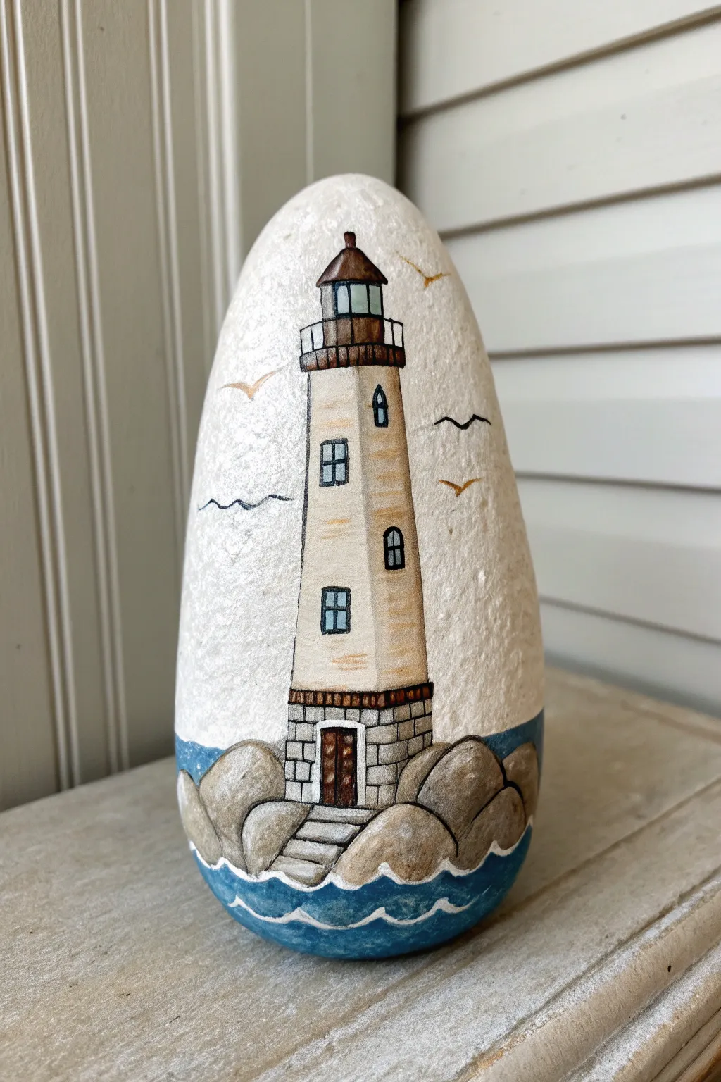 Paint a lighthouse house on an oval rock with calm waves, in minimalist boho seaside style.