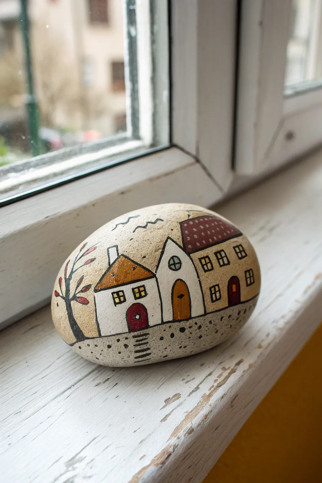Tiny village on a single painted rock, cozy windowsill light and minimalist Scandinavian charm