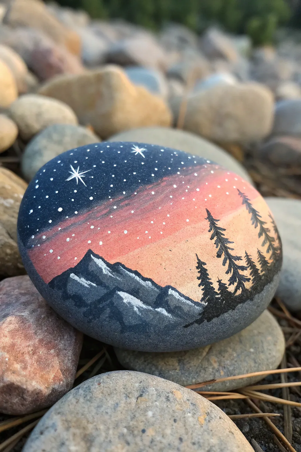 Half sunset, half night rock paint: warm gradient fades into deep blue with first stars