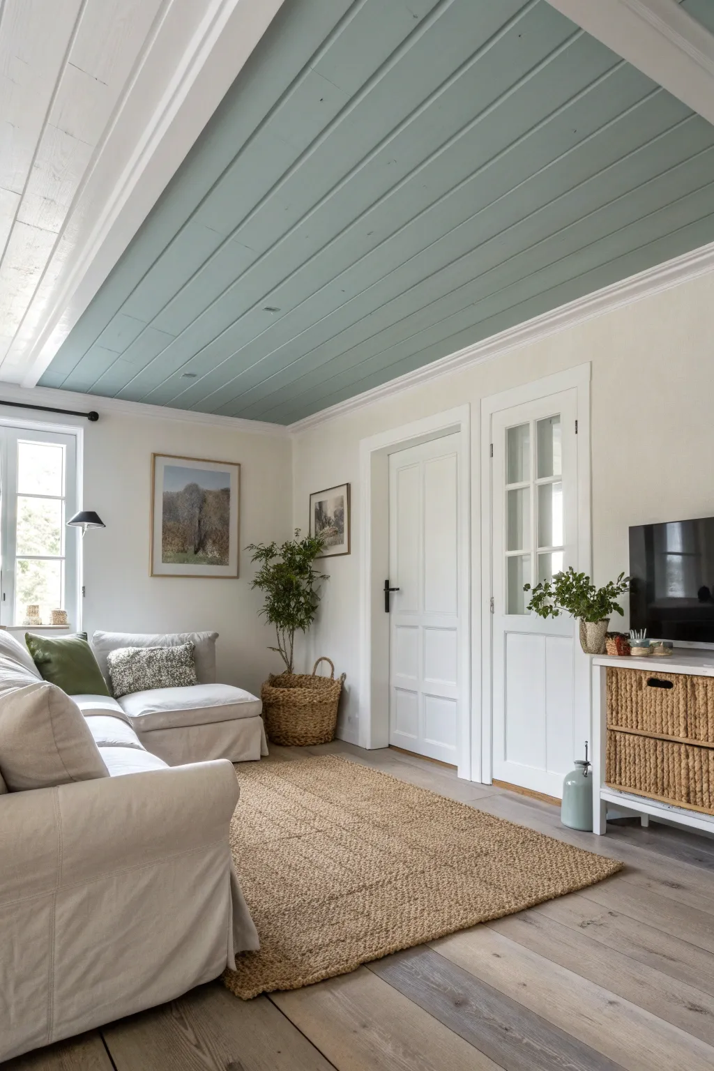 Soft blue-gray ceiling adds an unexpected pop that transforms a calm Scandinavian living room.