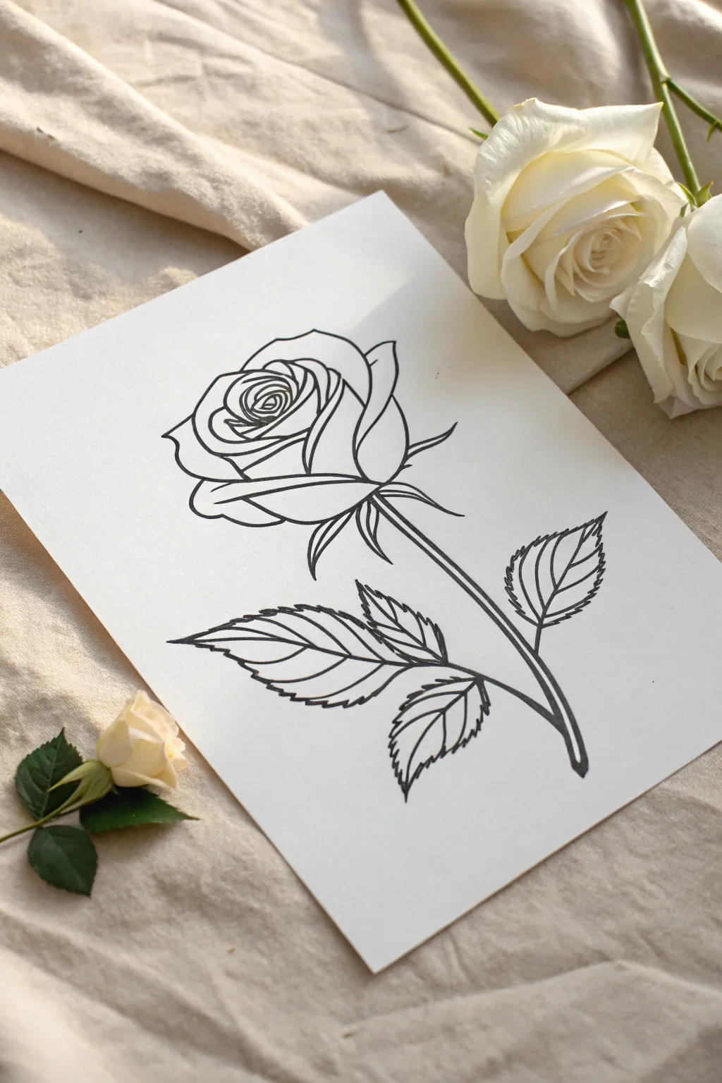 Minimal line-art rose outline with bold black curves, perfect for clean Scandinavian sketch practice.
