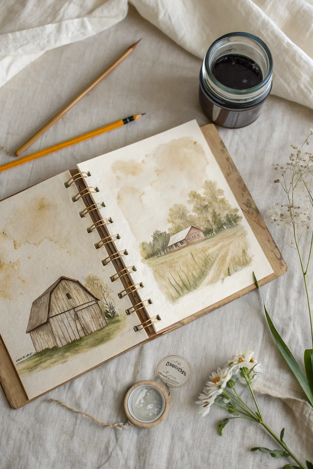Coffee-stained sketchbook pages with rustic studies, soft splatters, calm minimalist styling.