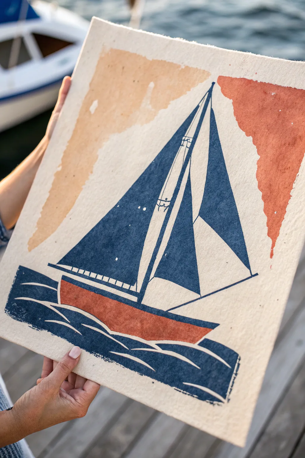 Close-up sailboat crop with bold Nordic shapes and high contrast for a modern painting study