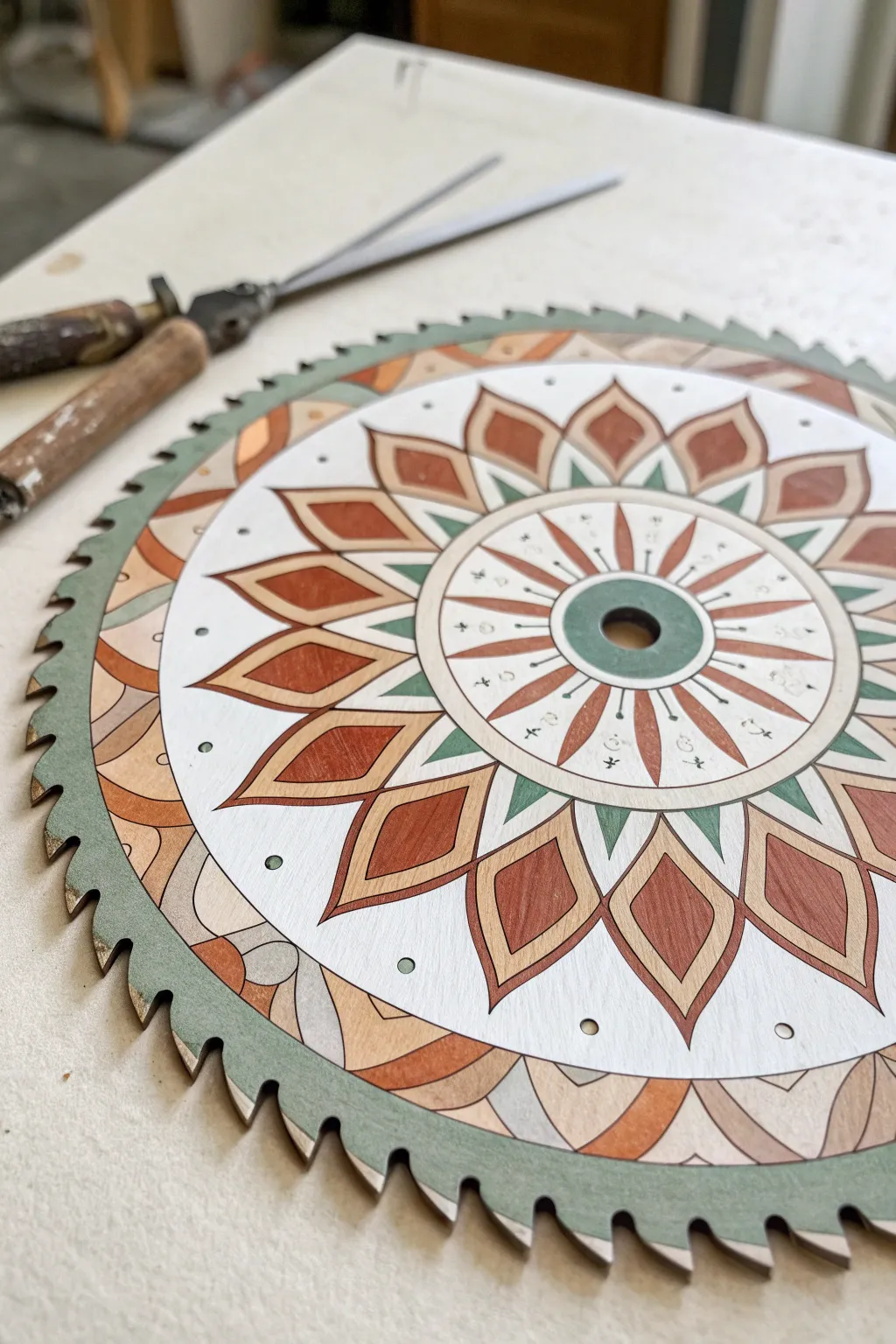Calm boho mandala on a saw blade, centered symmetry with a bold spiked edge in soft neutral tones.