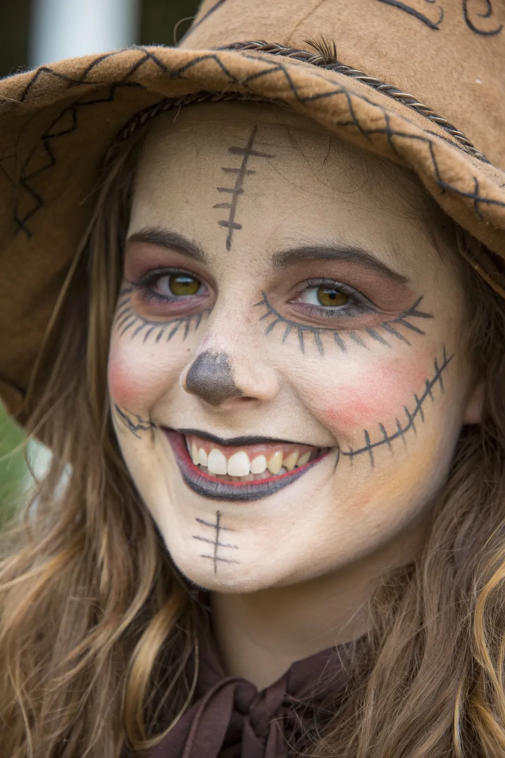 Creepy scarecrow stitched smile face paint in earthy tones, simple steps and bold contrast