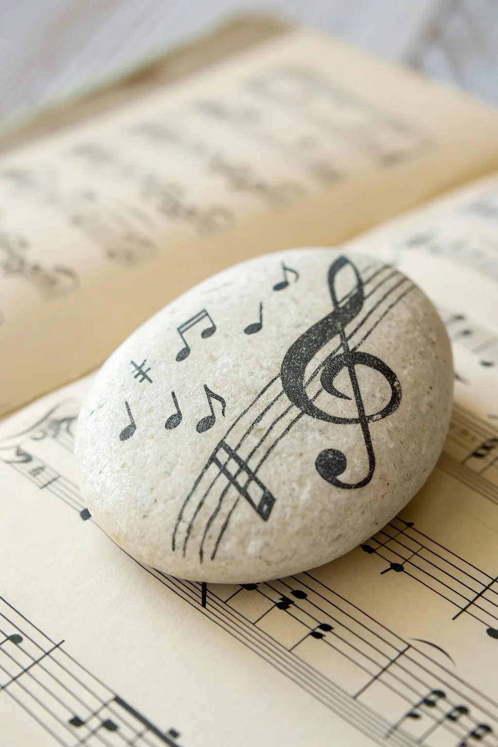 Simple music class rock with hand-painted staff and notes, photographed on muted sheet music.