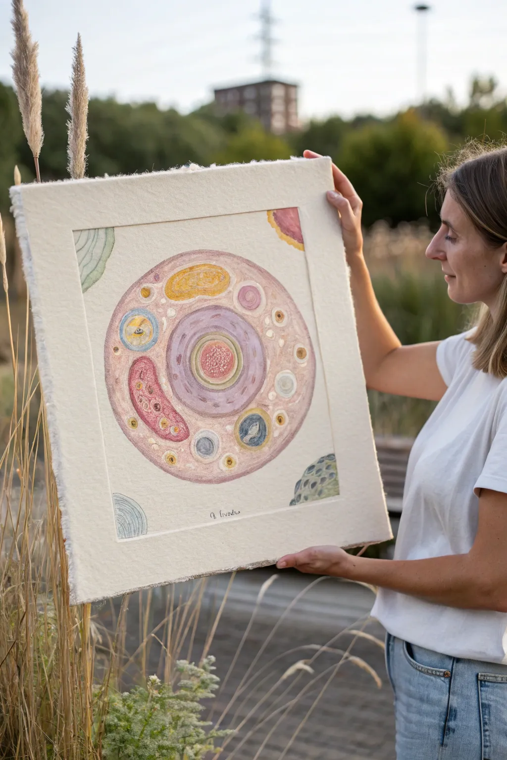 Pastel animal cell cross section study art, minimal Scandinavian look with boho softness.