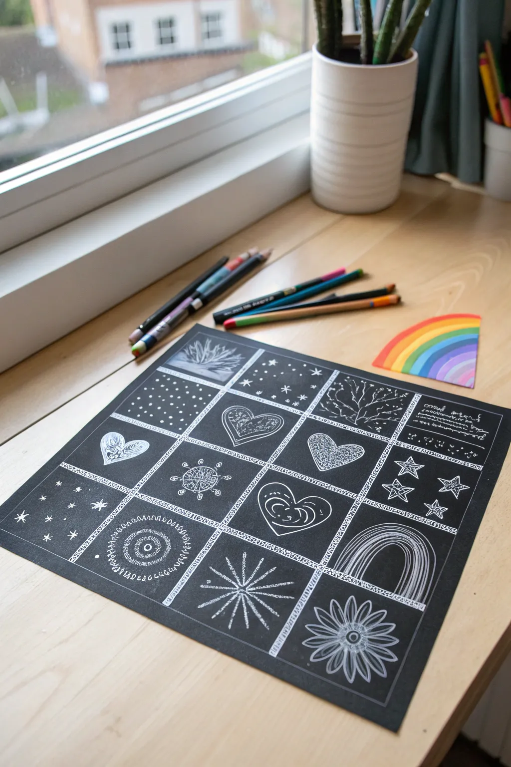 Minimal scratch art doodle sampler sheet with rainbow details, perfect for warm-up practice