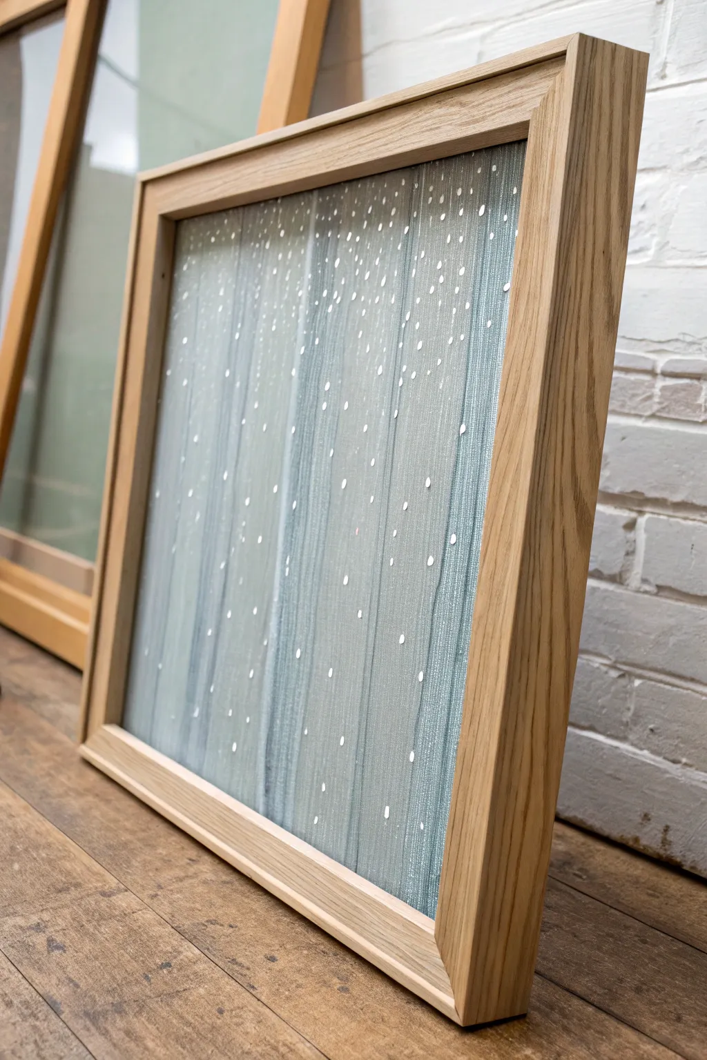 Rainy window illusion on a painted screen, cool droplets and streaks with calm Nordic contrast