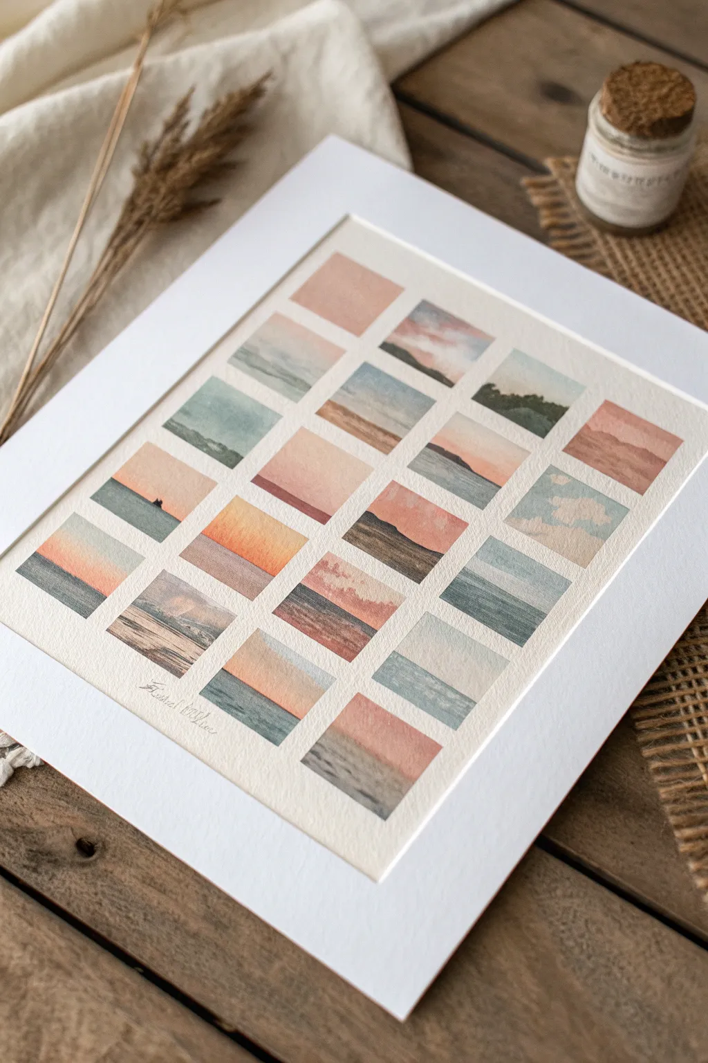 One-minute mini paintings on a calming sampler sheet: tiny sunsets, waves, and soft gradients.