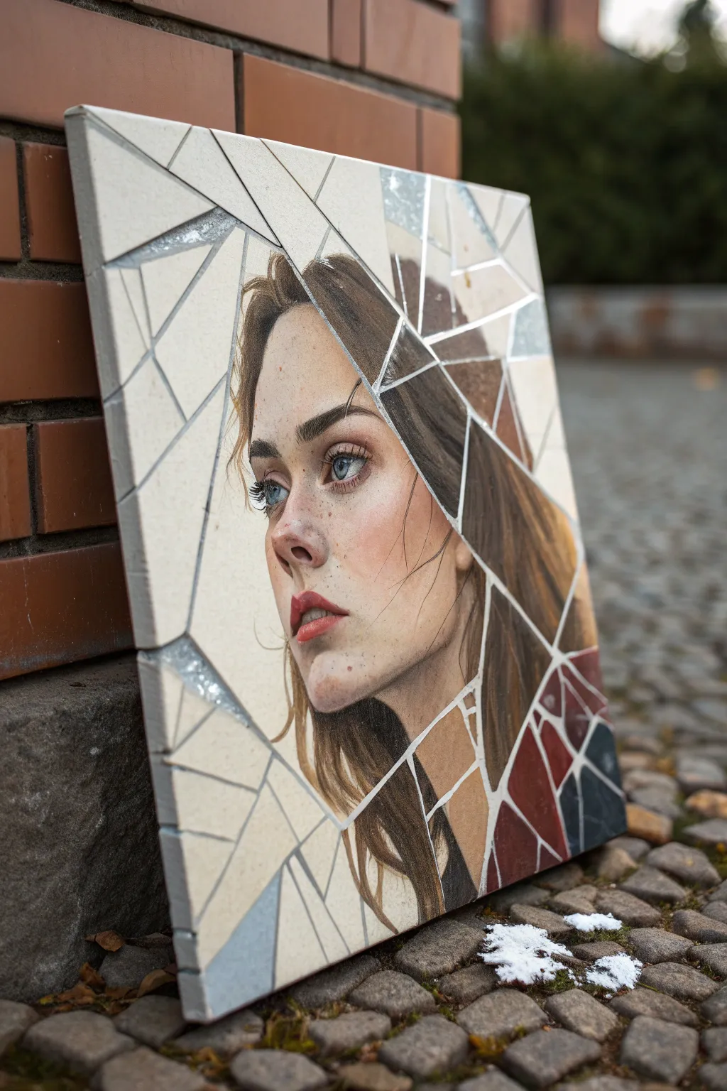 Broken reflection self portrait on a minimalist canvas, fractured facets in soft boho neutrals