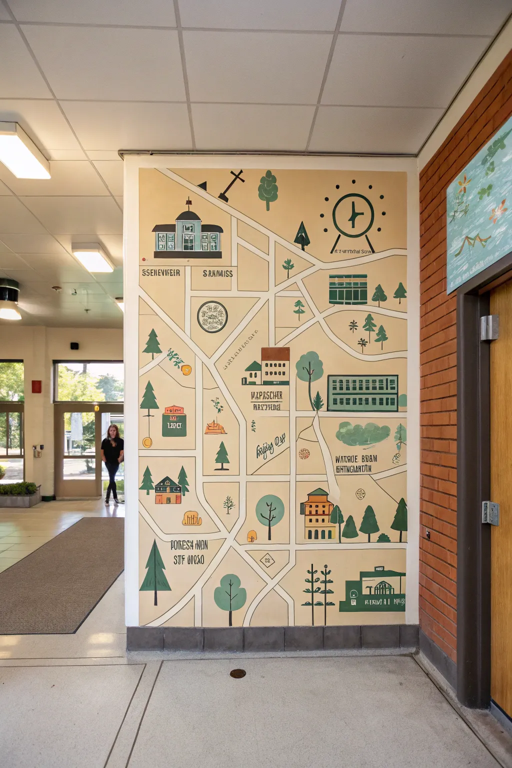 Minimalist senior campus map mural idea with bold landmark icons and a standout location pin