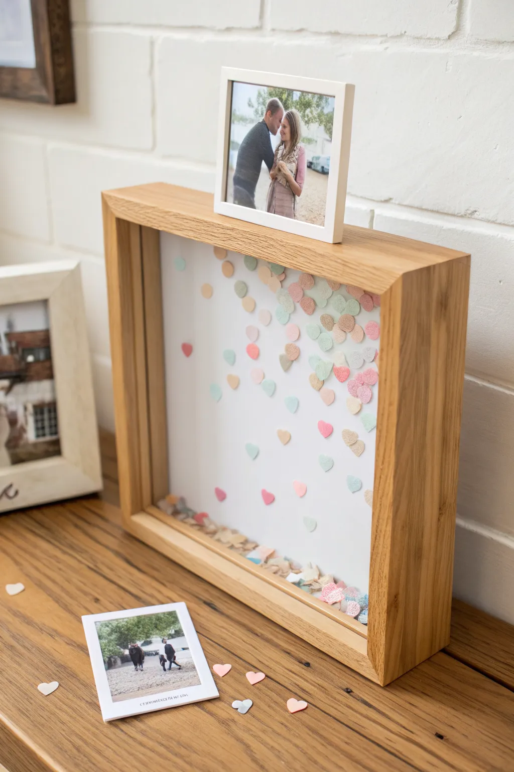 Shaker-style shadow box with pastel confetti depth, gentle movement, and calm Nordic boho charm