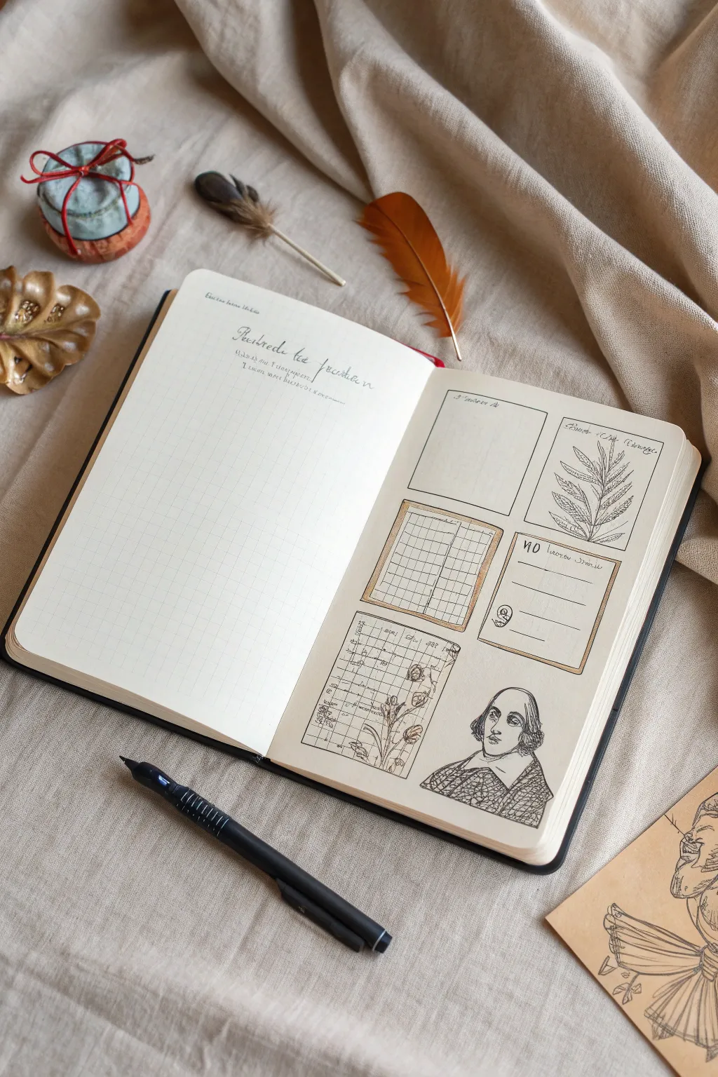 Minimal Shakespeare doodle sketchnotes page for study notes, clean borders and tiny icons