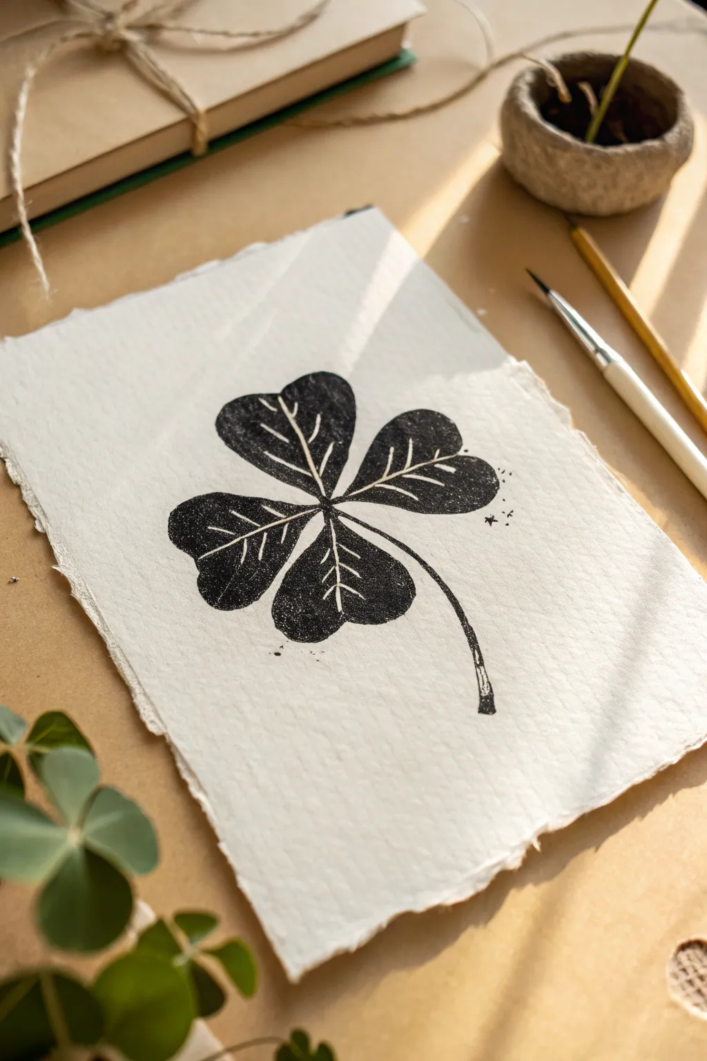 Minimal ink shamrock silhouette study with crisp contrast and calming Scandinavian simplicity.