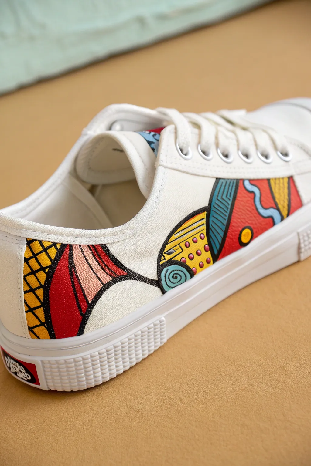 Halftone dots and bold pop bursts wrap a canvas sneaker, showing clean form-following shoe art.