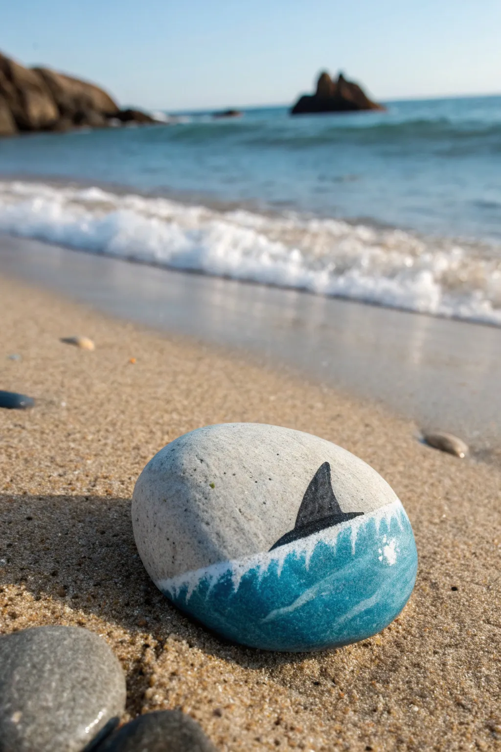 Minimal shark fin ocean rock painting in moody blues with a crisp foam line and bold contrast.