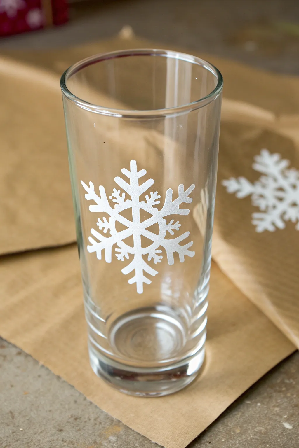 Stencil-inside-the-glass trick: crisp snowflake paint on a clear glass, minimalist and cozy